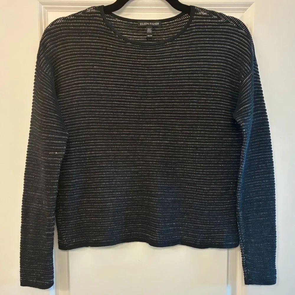 EILEEN FISHER Silk Linen Blend Long Sleeve Sweater Variegated Black White XS